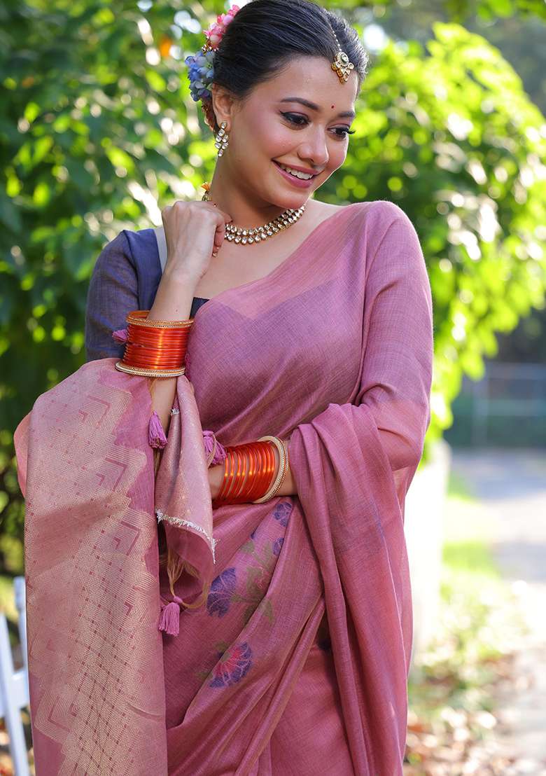 Pink Embroidered Cotton Saree Set - Indya