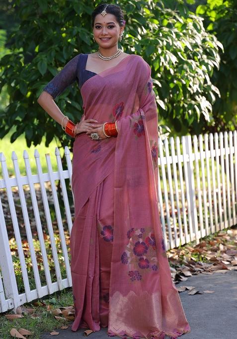 Pink Embroidered Cotton Saree Set