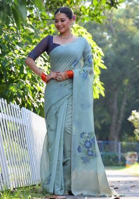 Green Embroidered Cotton Saree Set