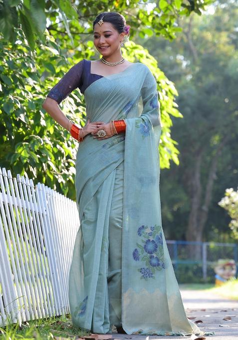 Green Embroidered Cotton Saree Set