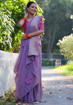 Lavender Embroidered Cotton Saree Set
