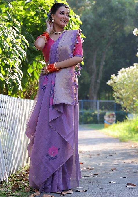 Lavender Embroidered Cotton Saree Set