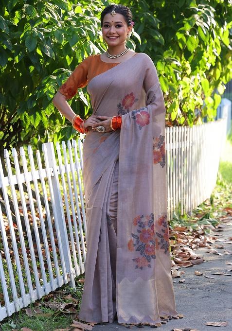 Light Grey Embroidered Cotton Saree Set