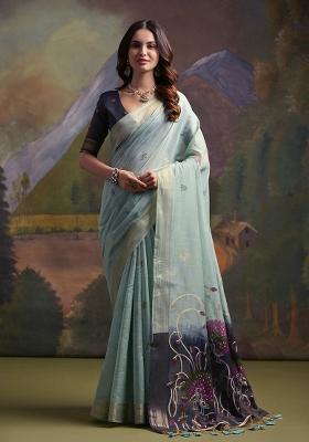 Firozi Embroidered Silk Saree Set
