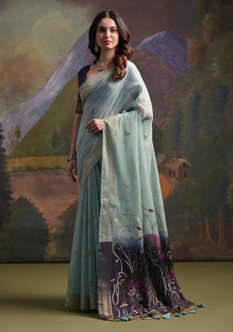 Firozi Embroidered Silk Saree Set