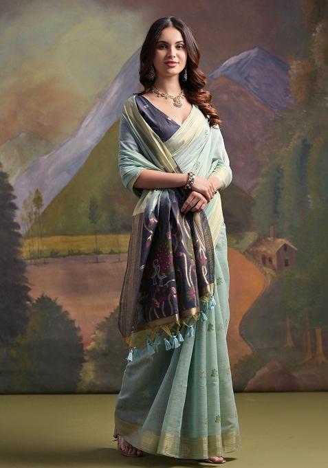 Firozi Embroidered Silk Saree Set