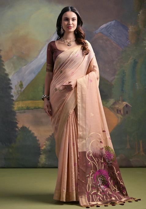 Peach Embroidered Silk Saree Set
