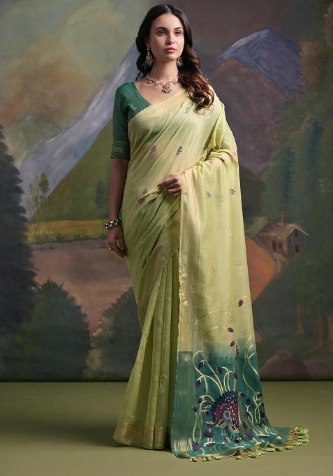 Pista Embroidered Silk Saree Set