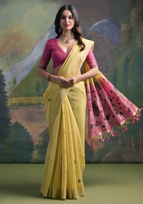 Yellow Embroidered Silk Saree Set