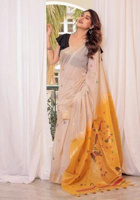 Yellow Embroidered Cotton Saree Set