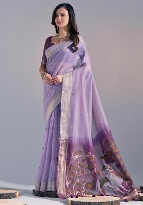 Lavender Embroidered Cotton Saree Set