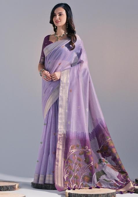 Lavender Embroidered Cotton Saree Set