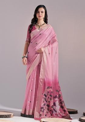 Pink Embroidered Cotton Saree Set
