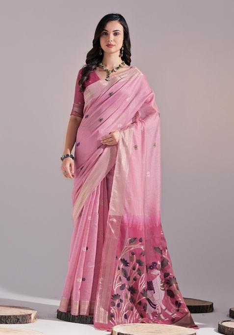 Pink Embroidered Cotton Saree Set