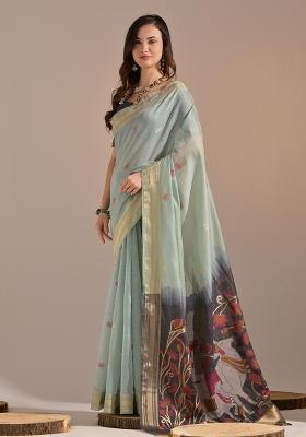Aqua Embroidered Cotton Saree Set