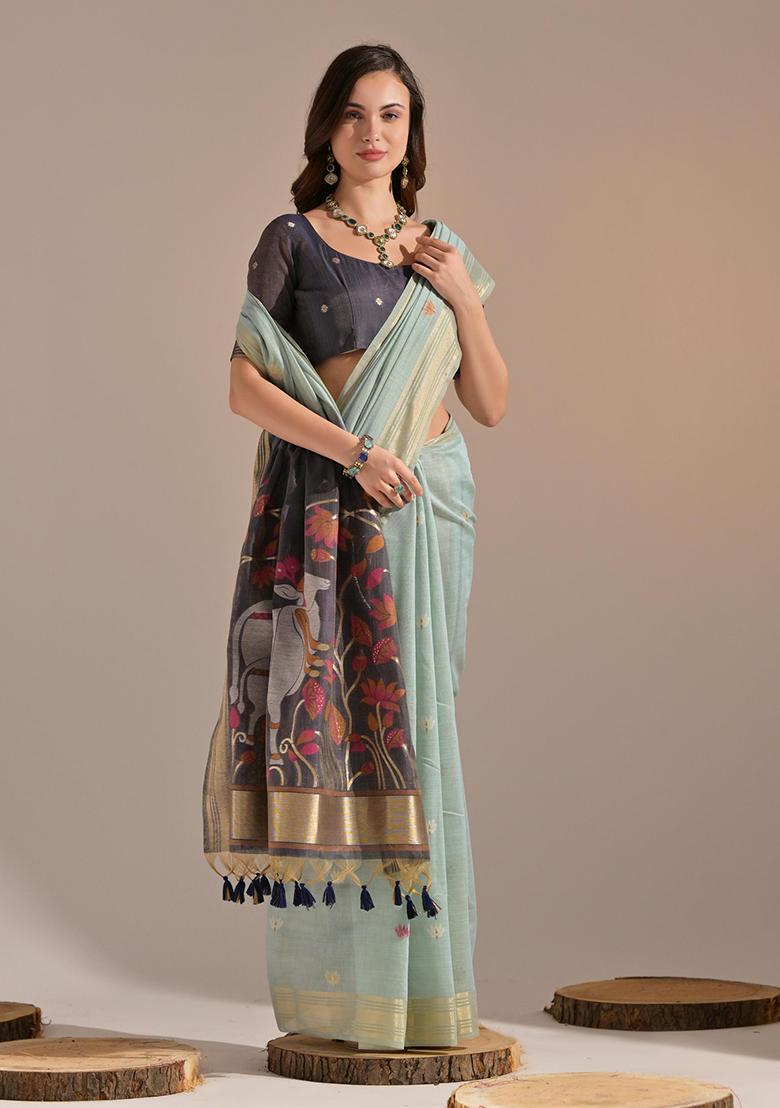 Aqua Embroidered Cotton Saree Set - Indya