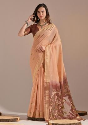 Peach Embroidered Cotton Saree Set