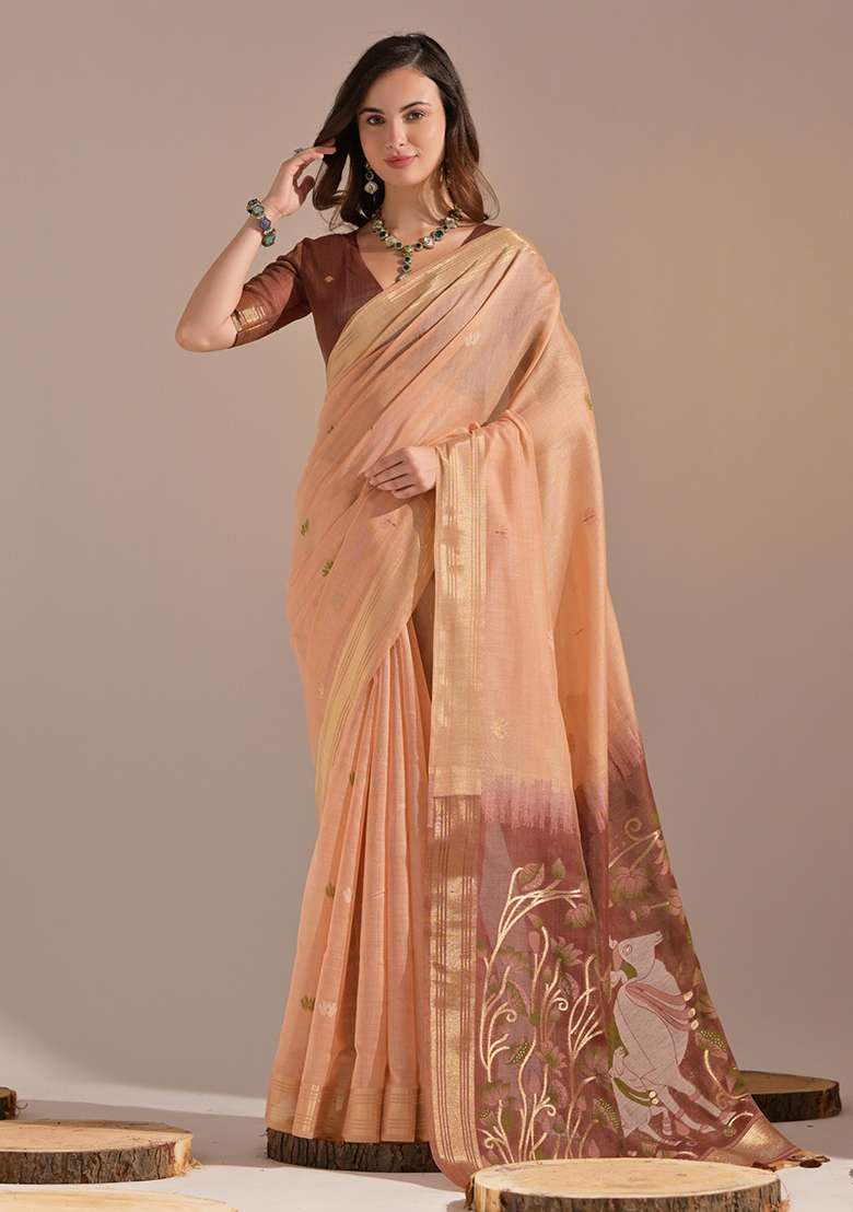 Peach Embroidered Cotton Saree Set - Indya