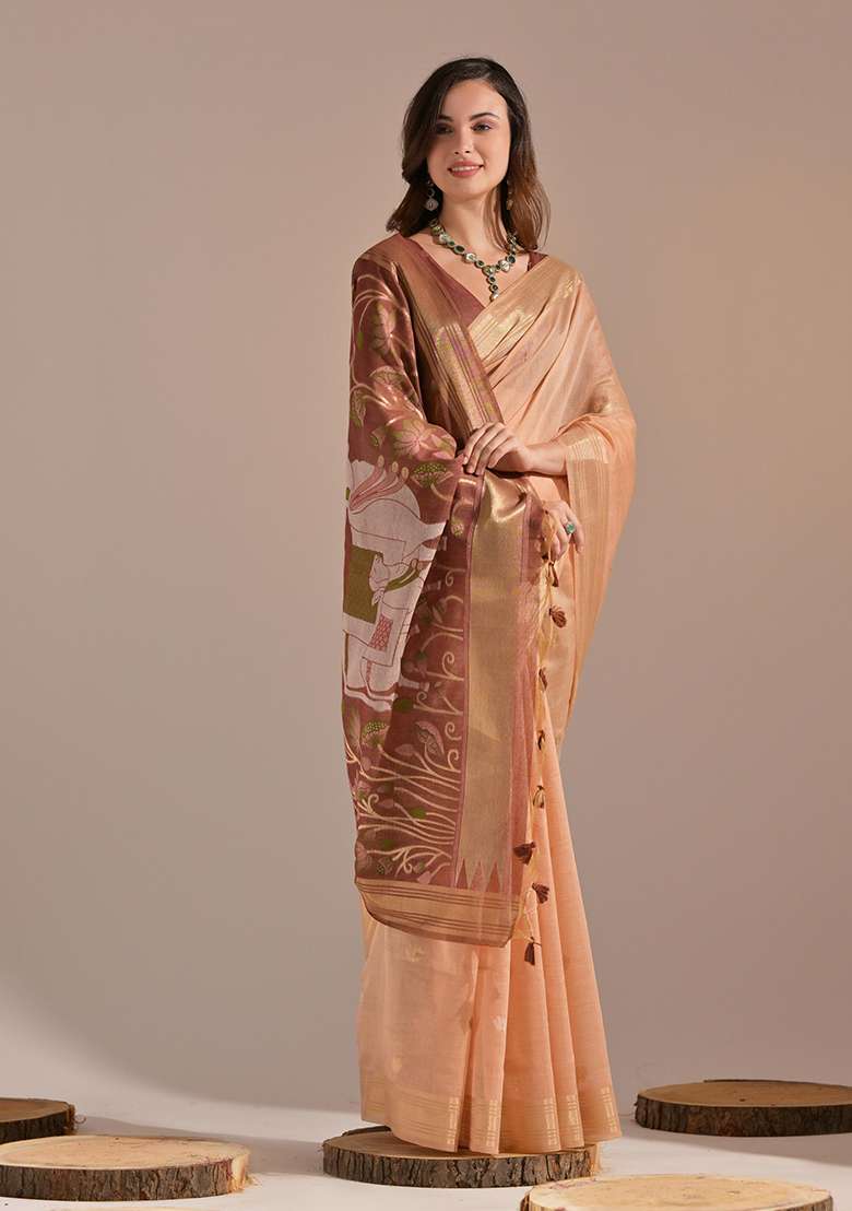Peach Embroidered Cotton Saree Set - Indya