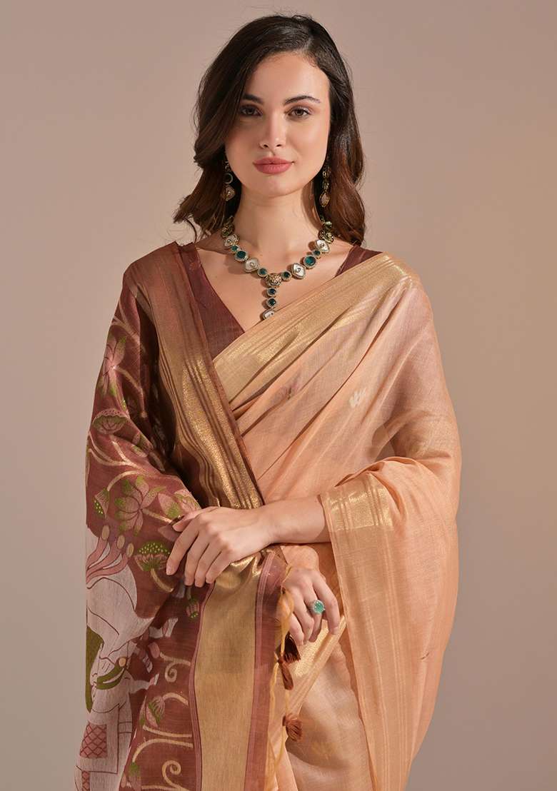 Peach Embroidered Cotton Saree Set - Indya