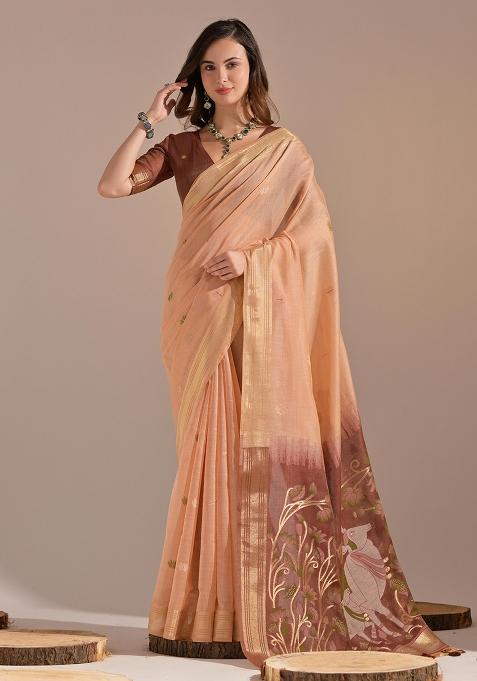 Peach Embroidered Cotton Saree Set
