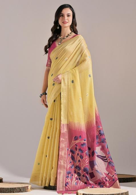 Yellow Embroidered Cotton Saree Set
