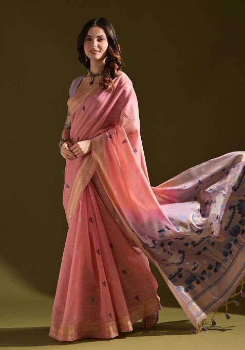 Peach Embroidered Cotton Saree Set