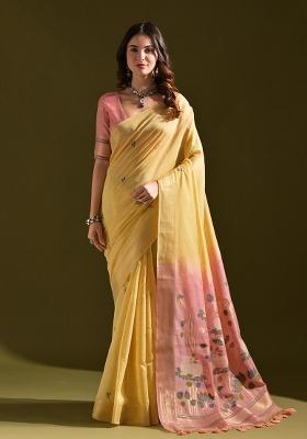 Yellow Embroidered Cotton Saree Set