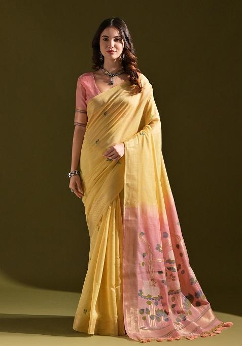 Yellow Embroidered Cotton Saree Set