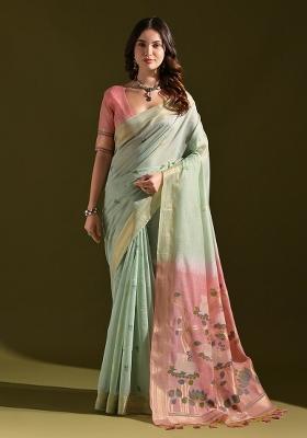 Green Embroidered Cotton Saree Set