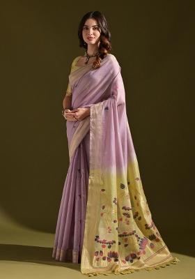 Lavender Embroidered Cotton Saree Set