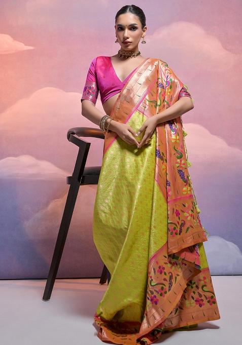 Mehendi Embroidered Silk Saree Set