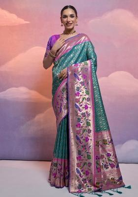 Rama Embroidered Silk Saree Set