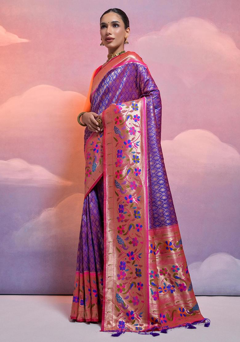 Royal Blue Embroidered Silk Saree Set