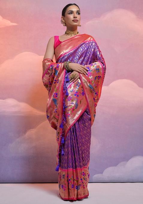 Royal Blue Embroidered Silk Saree Set