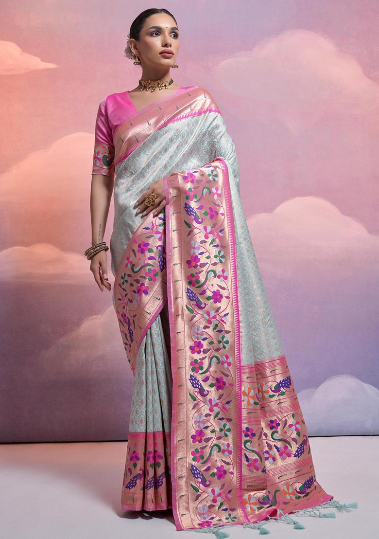 Sea Green Embroidered Silk Saree Set