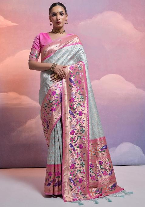 Sea Green Embroidered Silk Saree Set