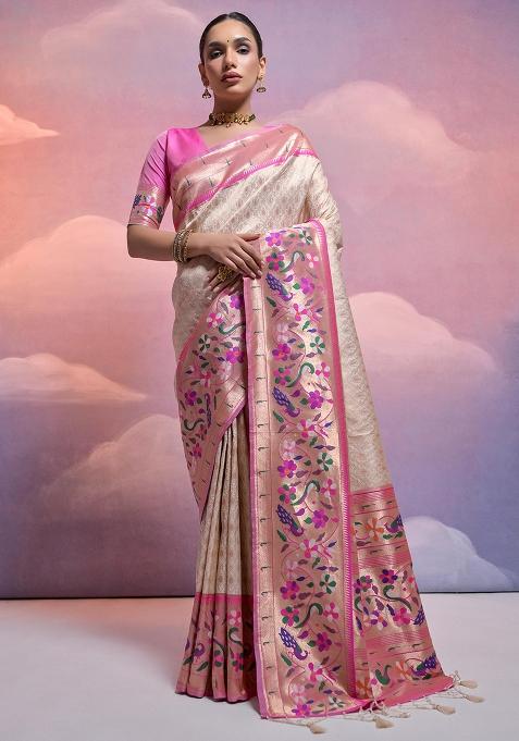 White Embroidered Silk Saree Set