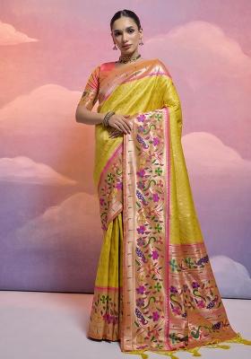 Yellow Embroidered Silk Saree Set