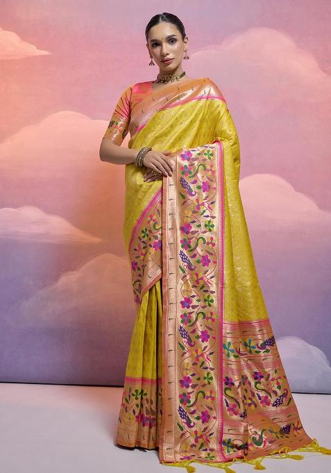 Yellow Embroidered Silk Saree Set