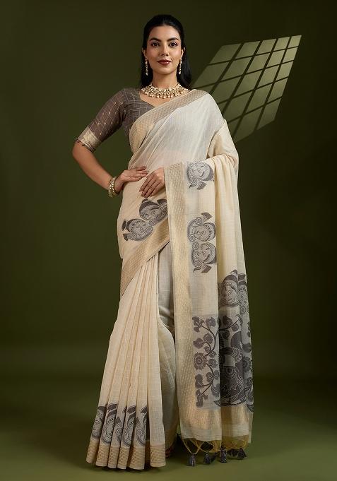 Cream Embroidered Cotton Saree Set