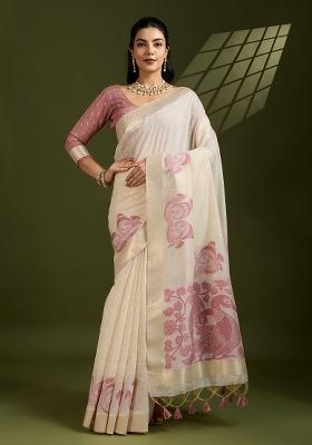Cream Embroidered Cotton Saree Set