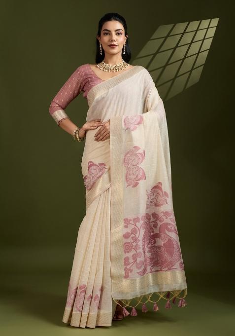 Cream Embroidered Cotton Saree Set