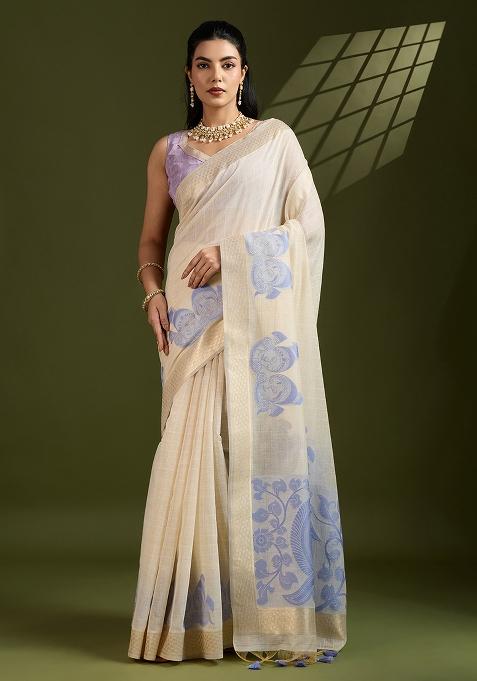 Cream Embroidered Cotton Saree Set