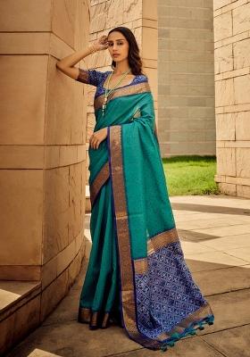 Rama Embroidered Silk Saree Set