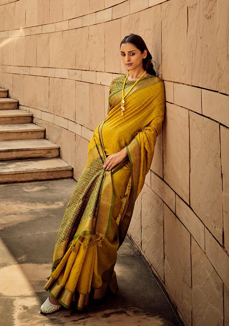 Mustard Embroidered Silk Saree Set