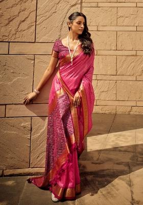 Pink Embroidered Silk Saree Set