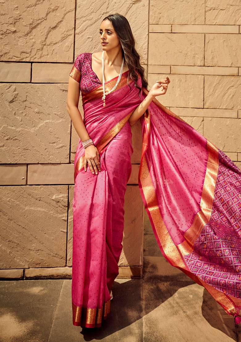 Pink Embroidered Silk Saree Set - Indya