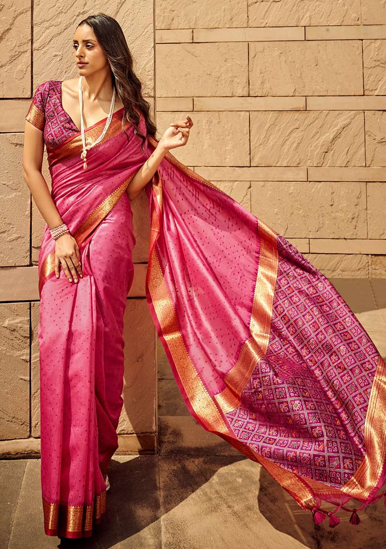 Pink Embroidered Silk Saree Set - Indya