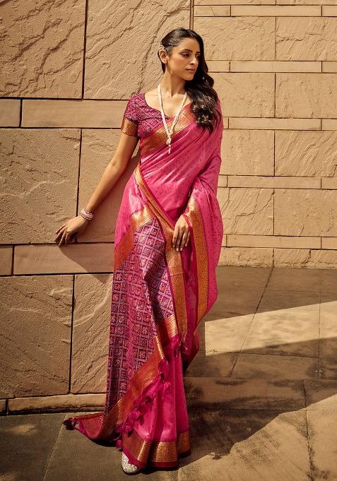 Pink Embroidered Silk Saree Set